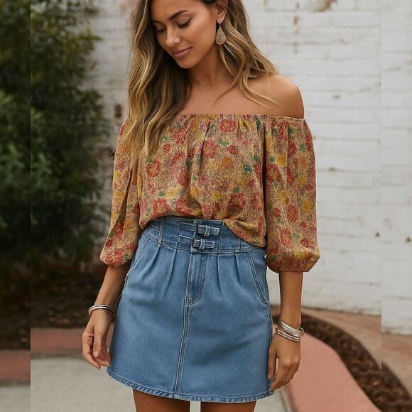 Vintage 80s Gitano Double Belted Denim Skirt Size 11/12 Made in Hong Kong - Picture 1 of 11